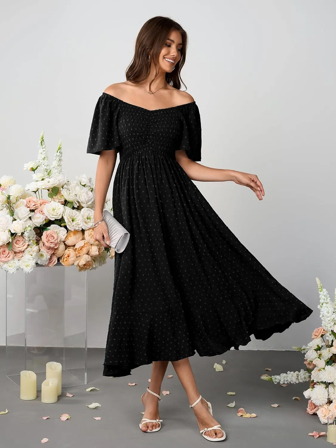 Womens Long Summer Boho Dress V Neck Swiss Dots Smocked Ruched Ruffle Button Down Flowy A Line Formal Maxi Dresses