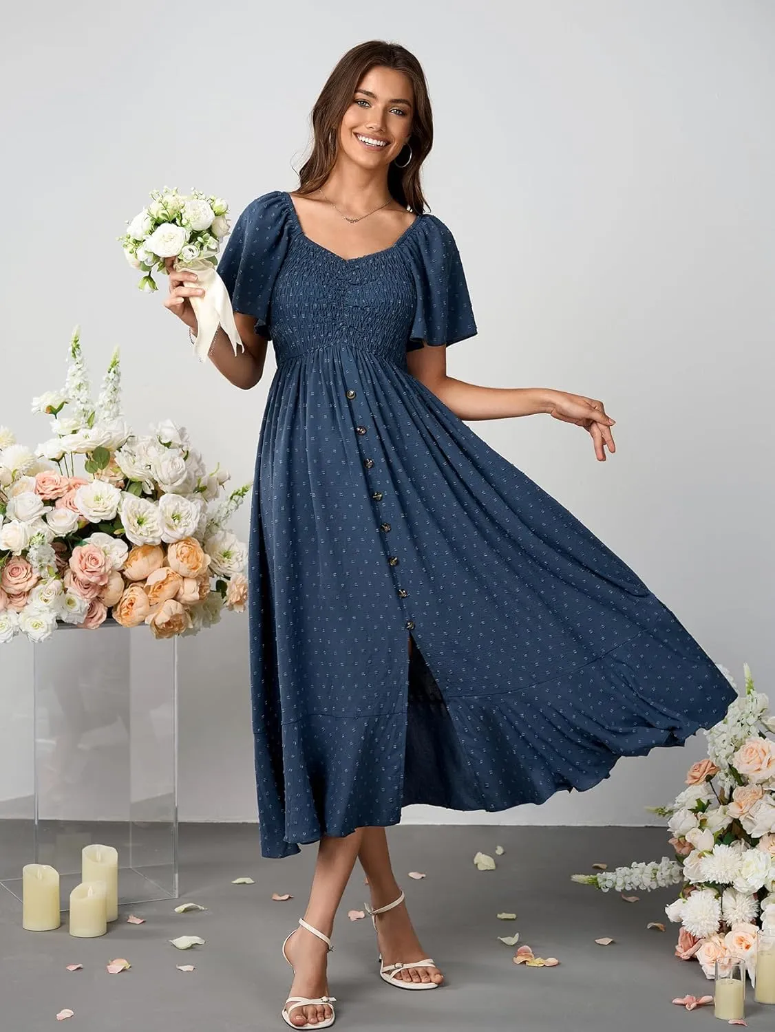 Womens Long Summer Boho Dress V Neck Swiss Dots Smocked Ruched Ruffle Button Down Flowy A Line Formal Maxi Dresses