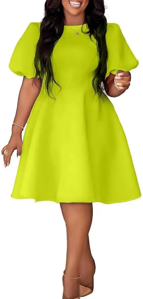 Womens Plus Size Stretchy A Line Summer Dresses Sweetheart Neck Puff Short Sleeve Tie Swing A Line Midi Dress