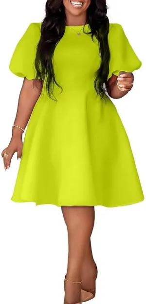 Womens Plus Size Stretchy A Line Summer Dresses Sweetheart Neck Puff Short Sleeve Tie Swing A Line Midi Dress