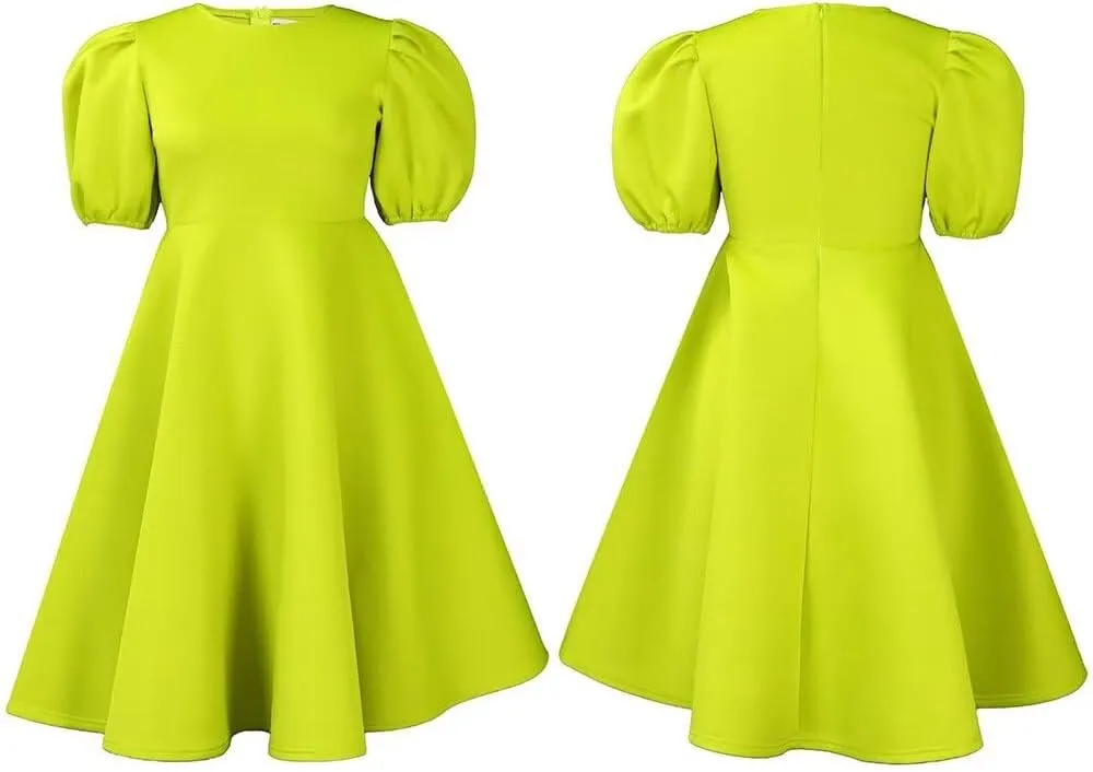 Womens Plus Size Stretchy A Line Summer Dresses Sweetheart Neck Puff Short Sleeve Tie Swing A Line Midi Dress