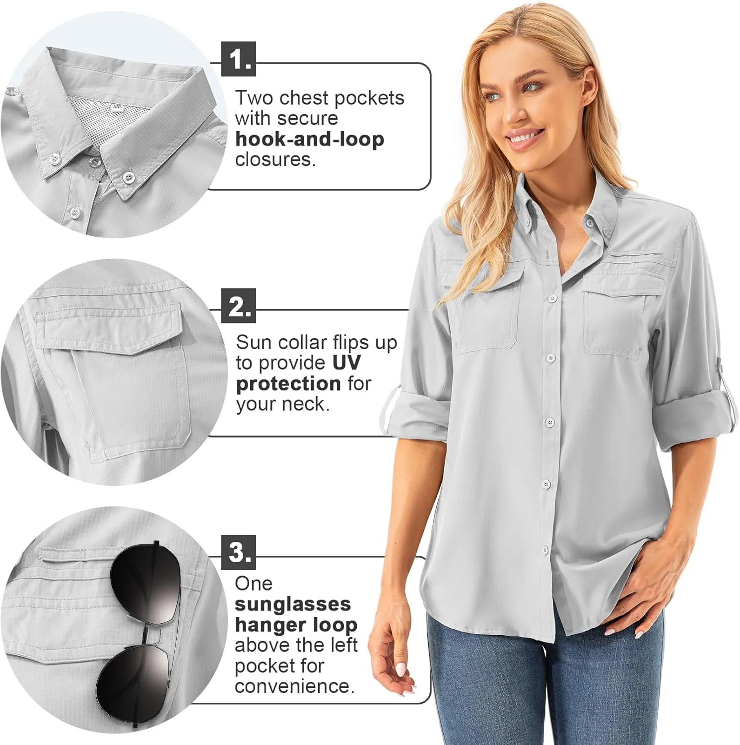 Womens Safari Sun Shirts UPF 50  UV Sun Protection Long Sleeve Outdoor Quick Dry Fishing Hiking Gardening Shirts