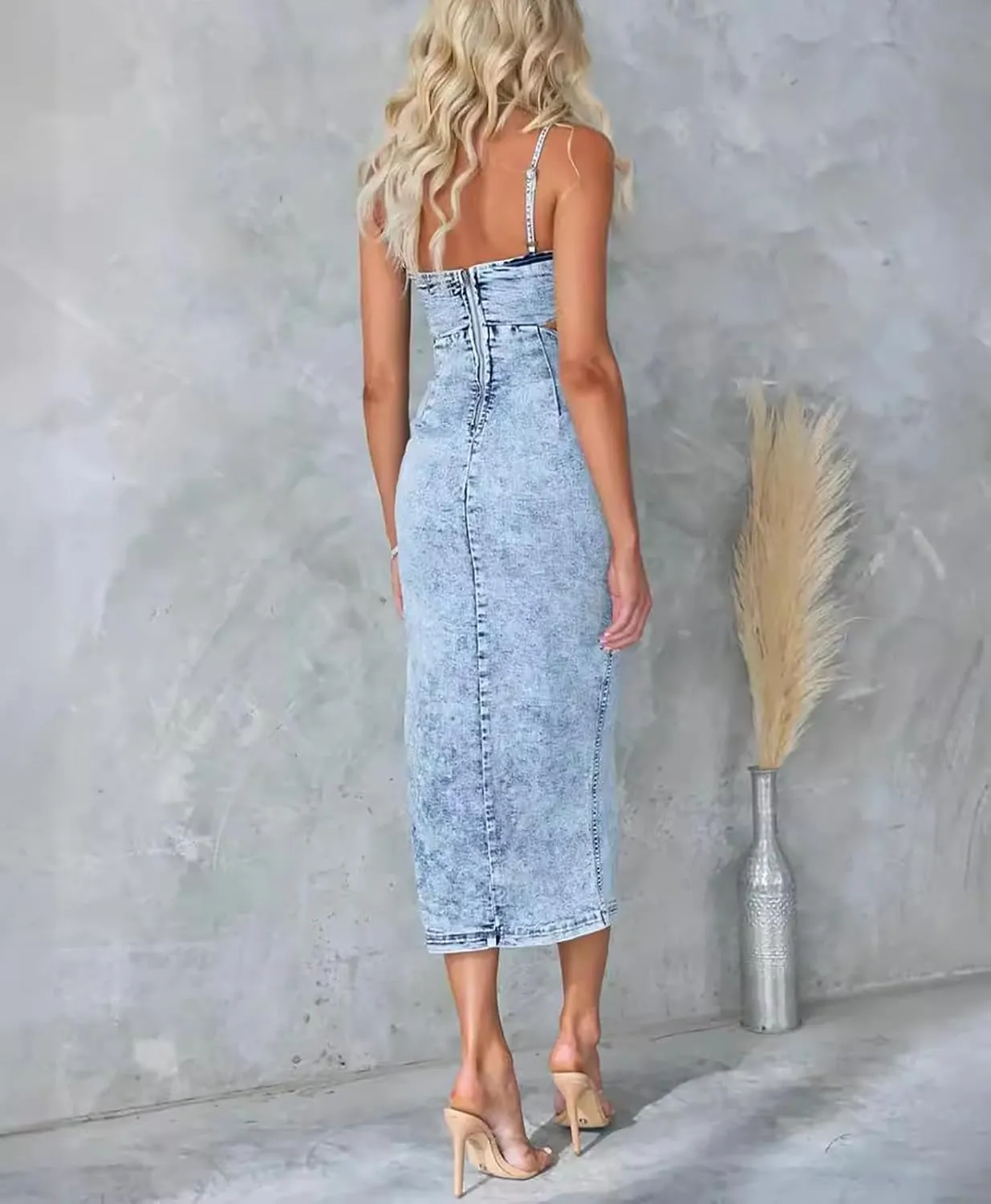 Women's Sexy Spaghetti Straps Slit Denim Dress Cut Out Zip Back Distressed Backless Calf Length Jean Dress