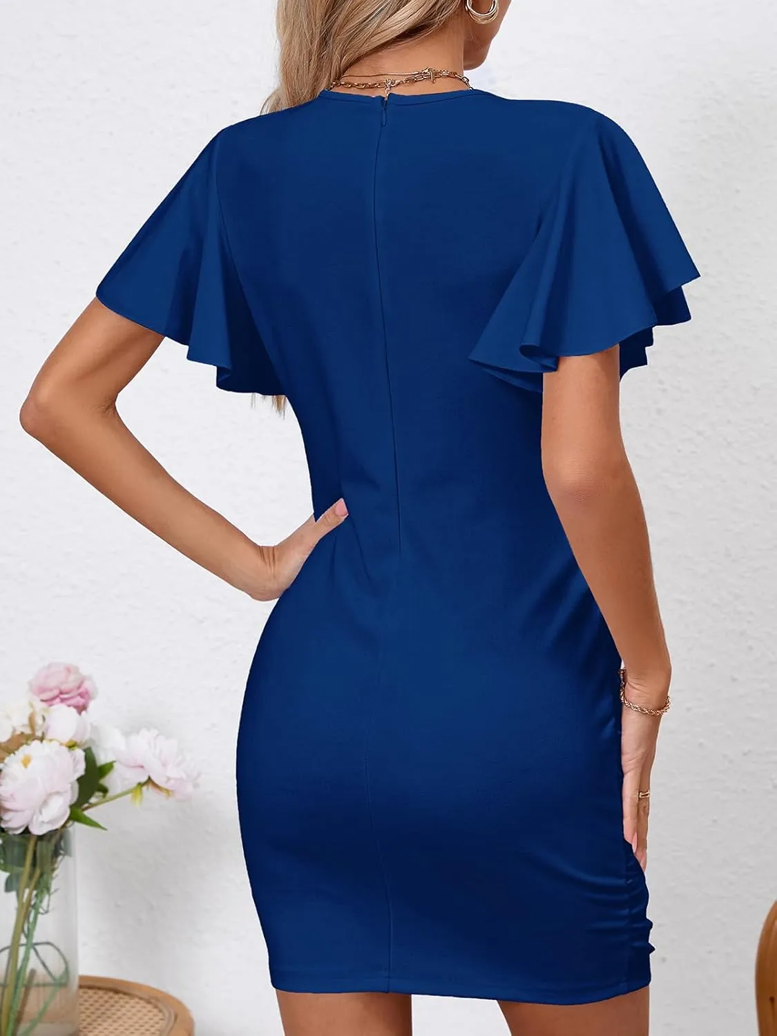 Women's Sexy V Neck Ruffle Sleeve Bodycon Mini Cocktail Party Dress Casual Short Sleeve Work Dress