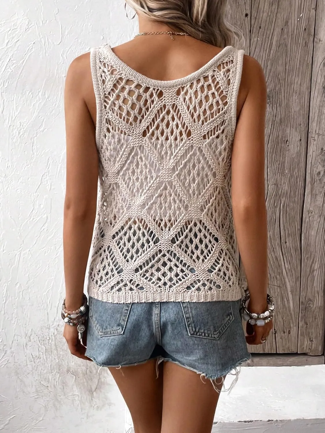 Women's Sleeveless Crochet Tank Top Knitted Sweater Vest Hollow Out Scoop Neck Tops Boho Cover Up Pullover