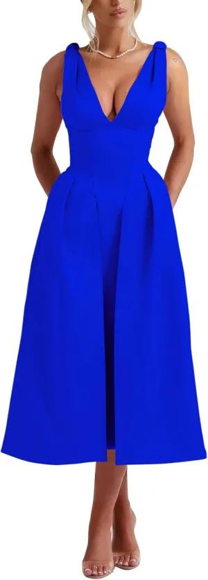 Womens Sleeveless Deep V Neck 1950s Retro Vintage Cocktail Wedding Guest Party A-Line Swing Maxi Dresses