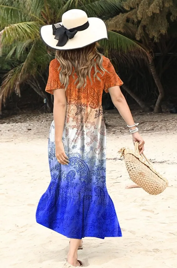 Women's Smocked Elastic Waist Tiered Midi Dress Short Sleeve Swing Summer Maxi Beach Sundress with Hem Side Split