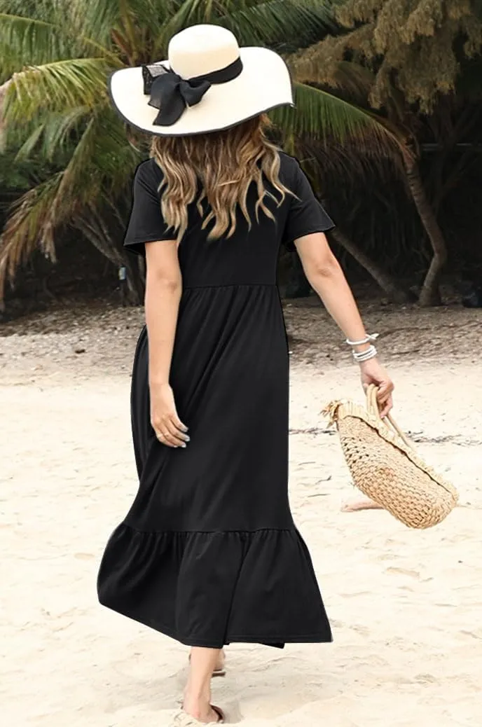 Women's Smocked Elastic Waist Tiered Midi Dress Short Sleeve Swing Summer Maxi Beach Sundress with Hem Side Split