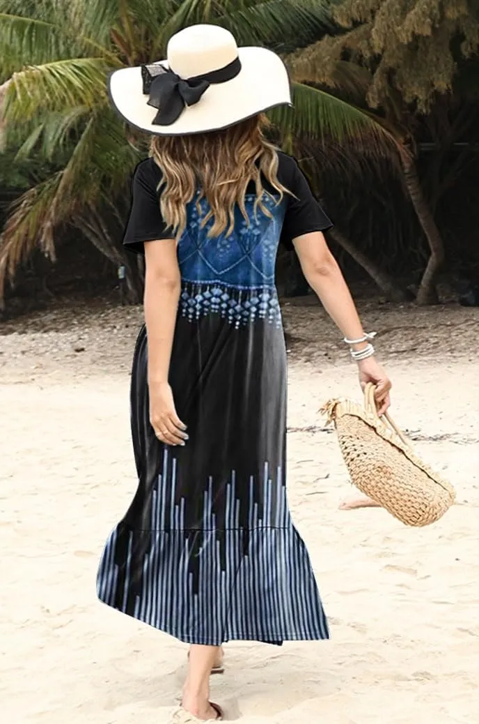 Women's Smocked Elastic Waist Tiered Midi Dress Short Sleeve Swing Summer Maxi Beach Sundress with Hem Side Split