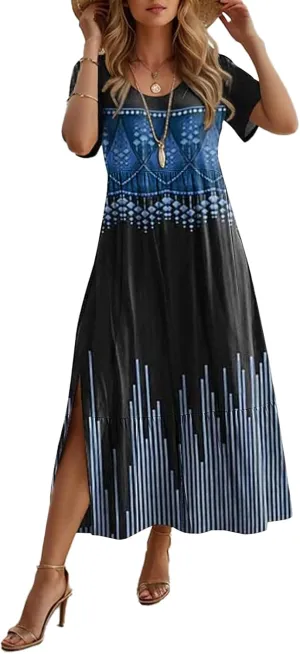 Women's Smocked Elastic Waist Tiered Midi Dress Short Sleeve Swing Summer Maxi Beach Sundress with Hem Side Split