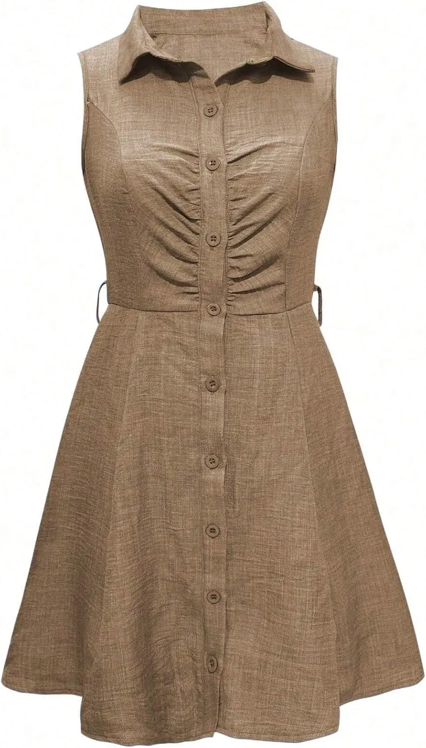 Women's Solid Button Front Belted Shirt Dress Summer Fashion Short Dresses for Women