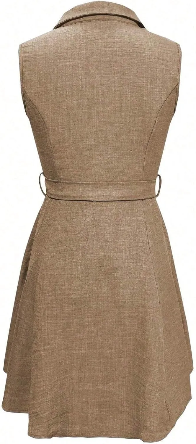 Women's Solid Button Front Belted Shirt Dress Summer Fashion Short Dresses for Women