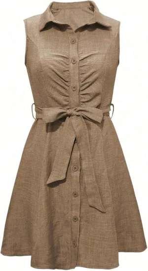 Women's Solid Button Front Belted Shirt Dress Summer Fashion Short Dresses for Women