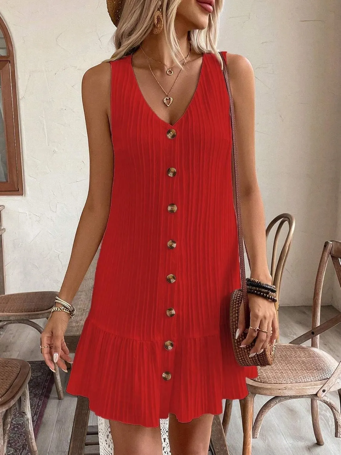 Women's Solid Color Casual Sleeveless Dress V-Neck Fashion Short Dresses for Women