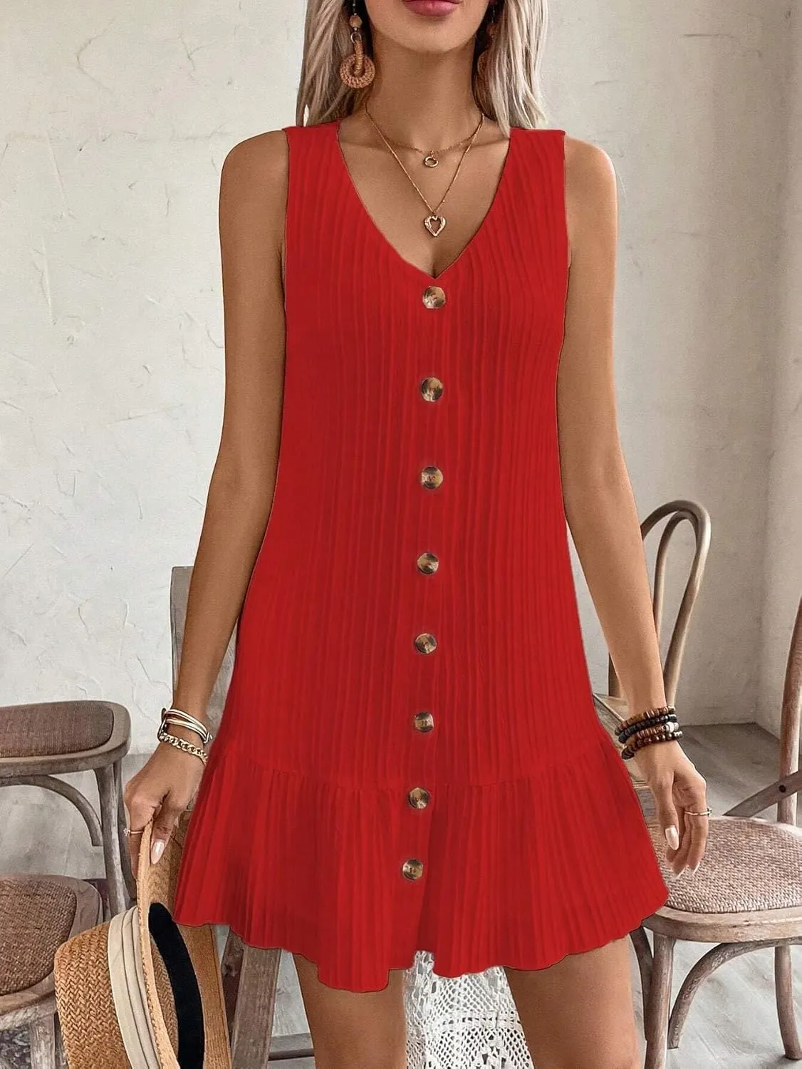 Women's Solid Color Casual Sleeveless Dress V-Neck Fashion Short Dresses for Women