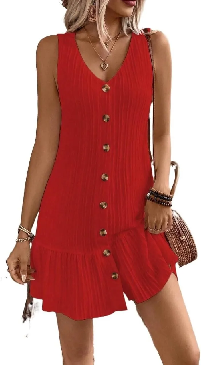 Women's Solid Color Casual Sleeveless Dress V-Neck Fashion Short Dresses for Women