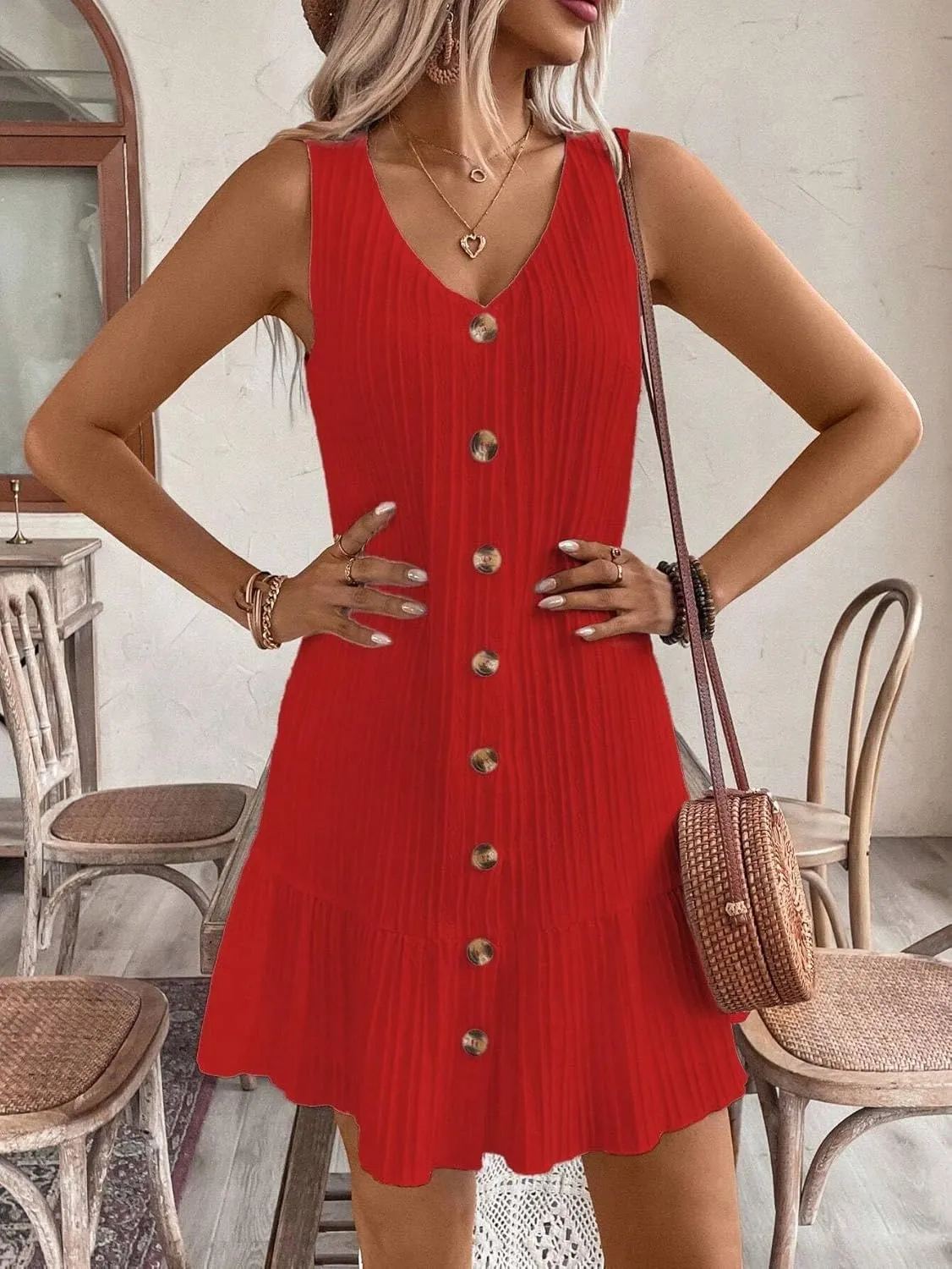 Women's Solid Color Casual Sleeveless Dress V-Neck Fashion Short Dresses for Women