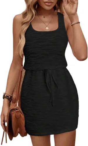 Women's Square Neck Sleeveless Waist Drawstring Texture Casual Vacation Mini Dress, Fashion Short Dresses Women