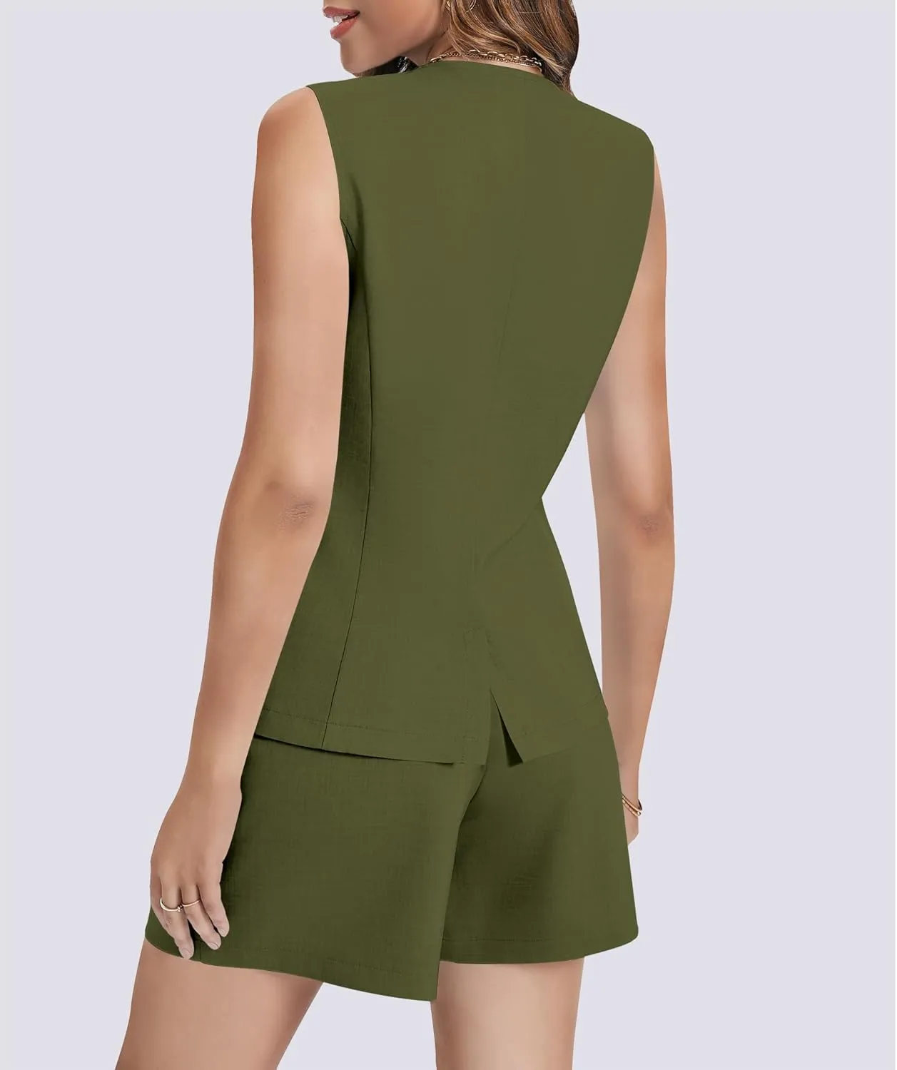 Women's Summer 2 Piece Outfits Sleeveless Round Neck Button Down High Waisted Pants Business Work Sets