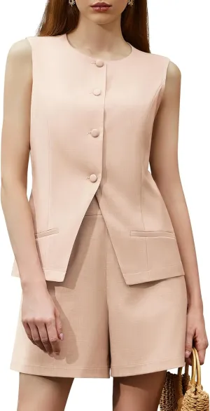 Women's Summer 2 Piece Outfits Sleeveless Round Neck Button Down High Waisted Pants Business Work Sets
