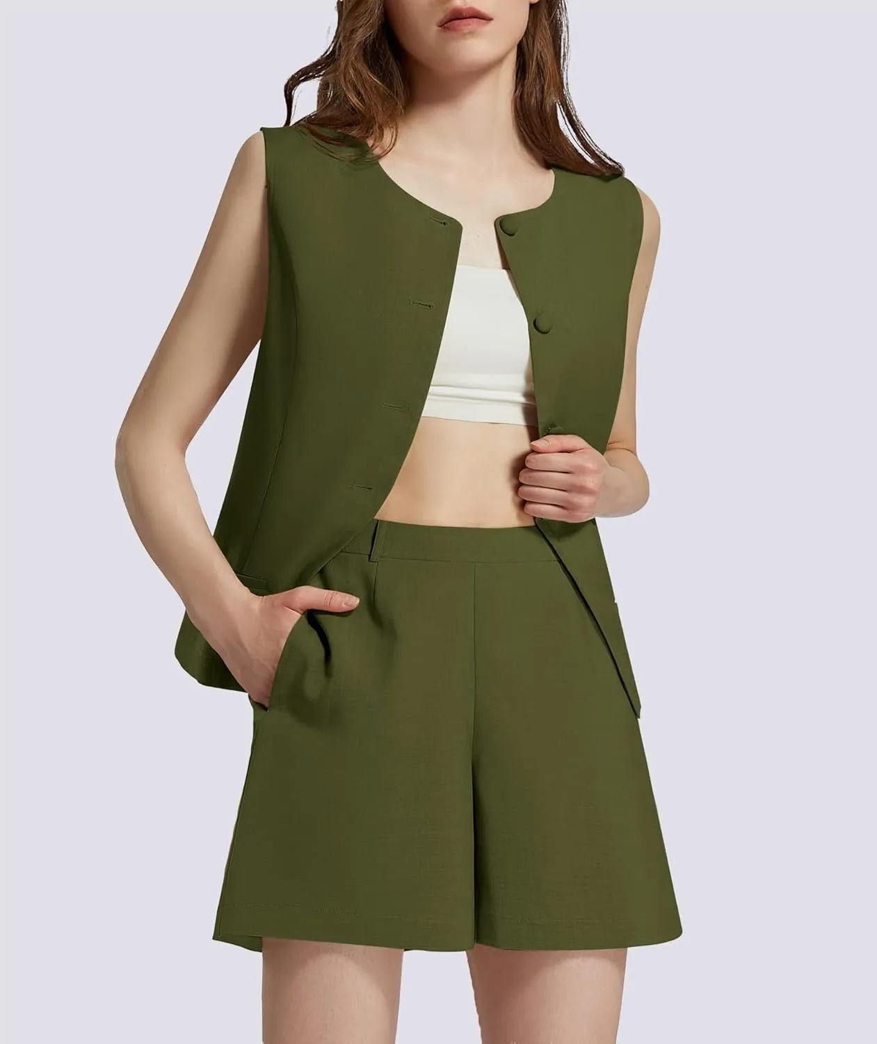 Women's Summer 2 Piece Outfits Sleeveless Round Neck Button Down High Waisted Pants Business Work Sets
