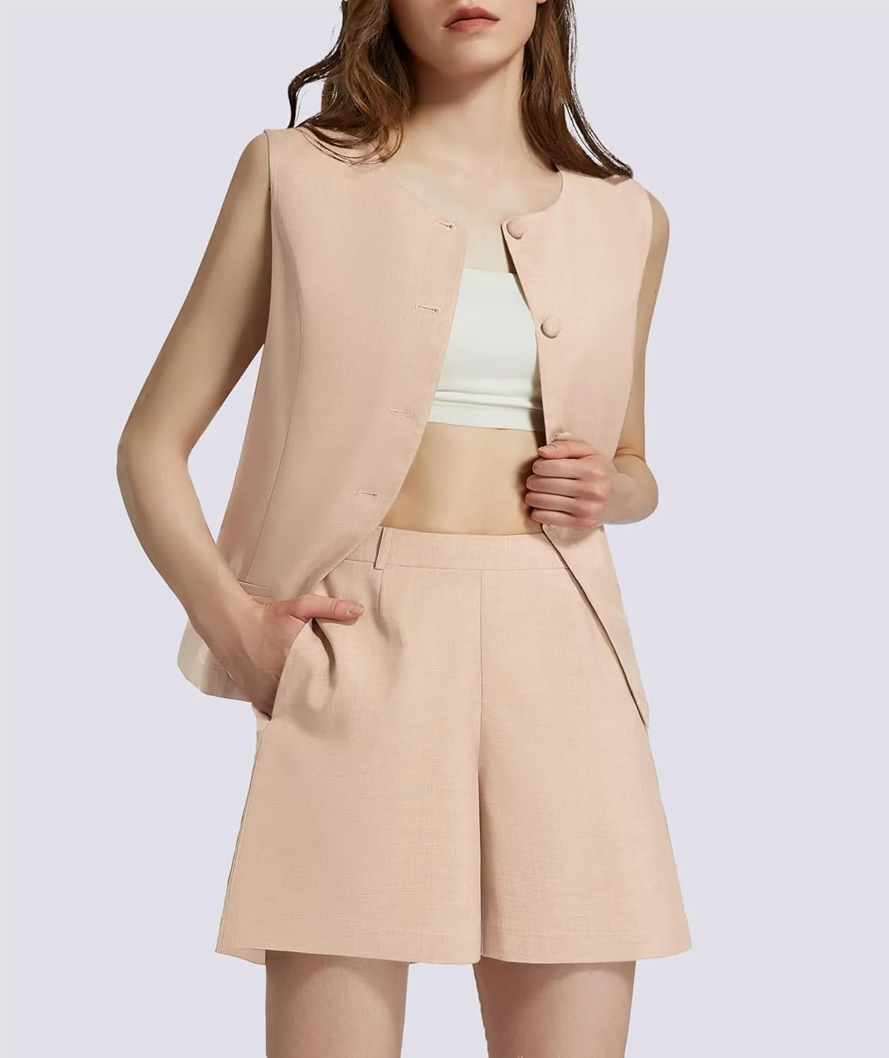 Women's Summer 2 Piece Outfits Sleeveless Round Neck Button Down High Waisted Pants Business Work Sets