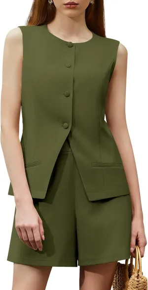 Women's Summer 2 Piece Outfits Sleeveless Round Neck Button Down High Waisted Pants Business Work Sets