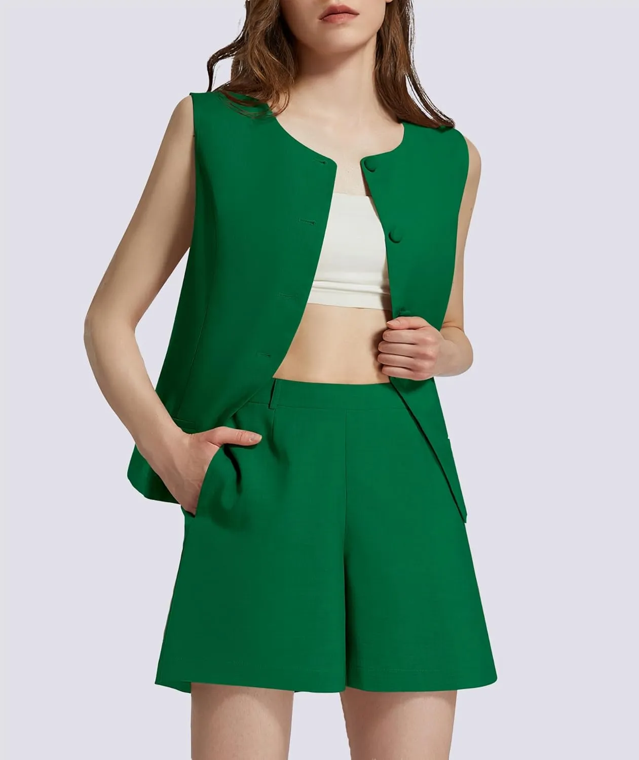 Women's Summer 2 Piece Outfits Sleeveless Round Neck Button Down High Waisted Pants Business Work Sets
