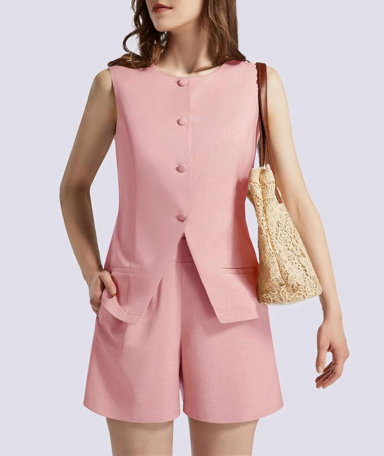 Women's Summer 2 Piece Outfits Sleeveless Round Neck Button Down High Waisted Pants Business Work Sets
