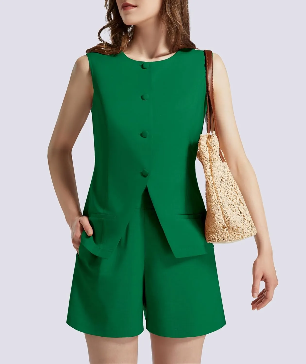 Women's Summer 2 Piece Outfits Sleeveless Round Neck Button Down High Waisted Pants Business Work Sets