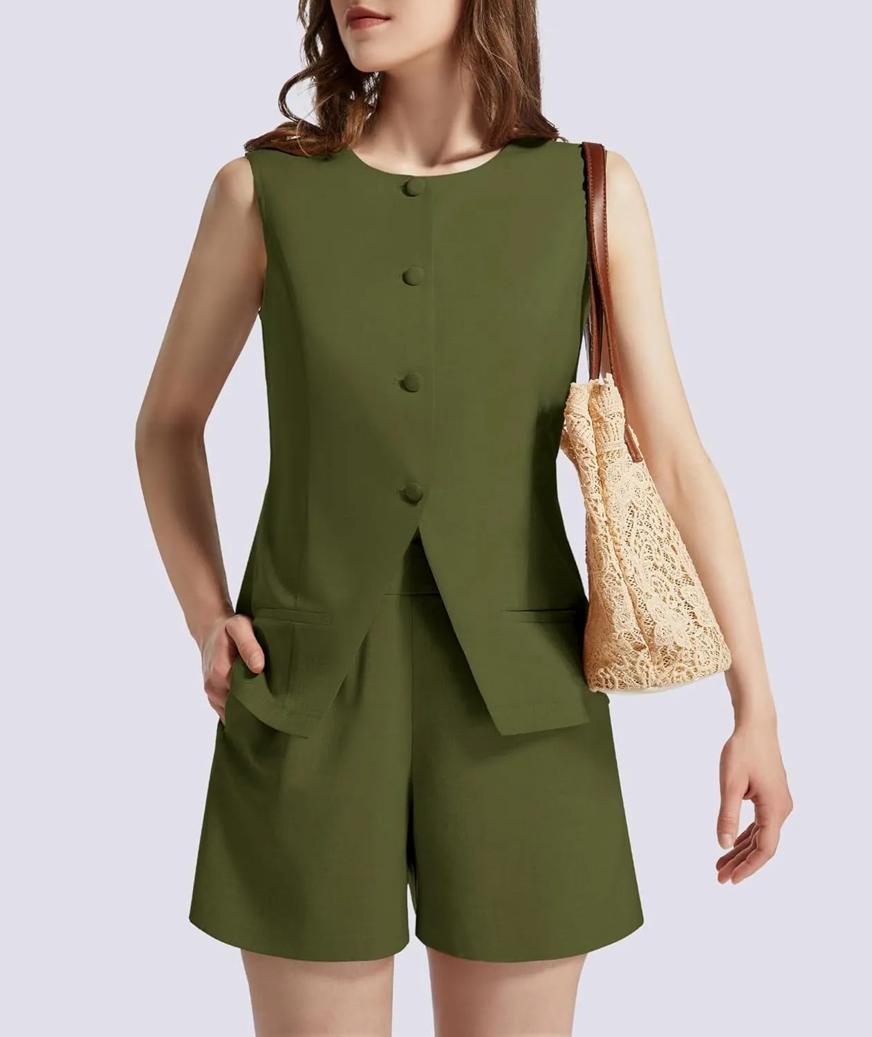 Women's Summer 2 Piece Outfits Sleeveless Round Neck Button Down High Waisted Pants Business Work Sets