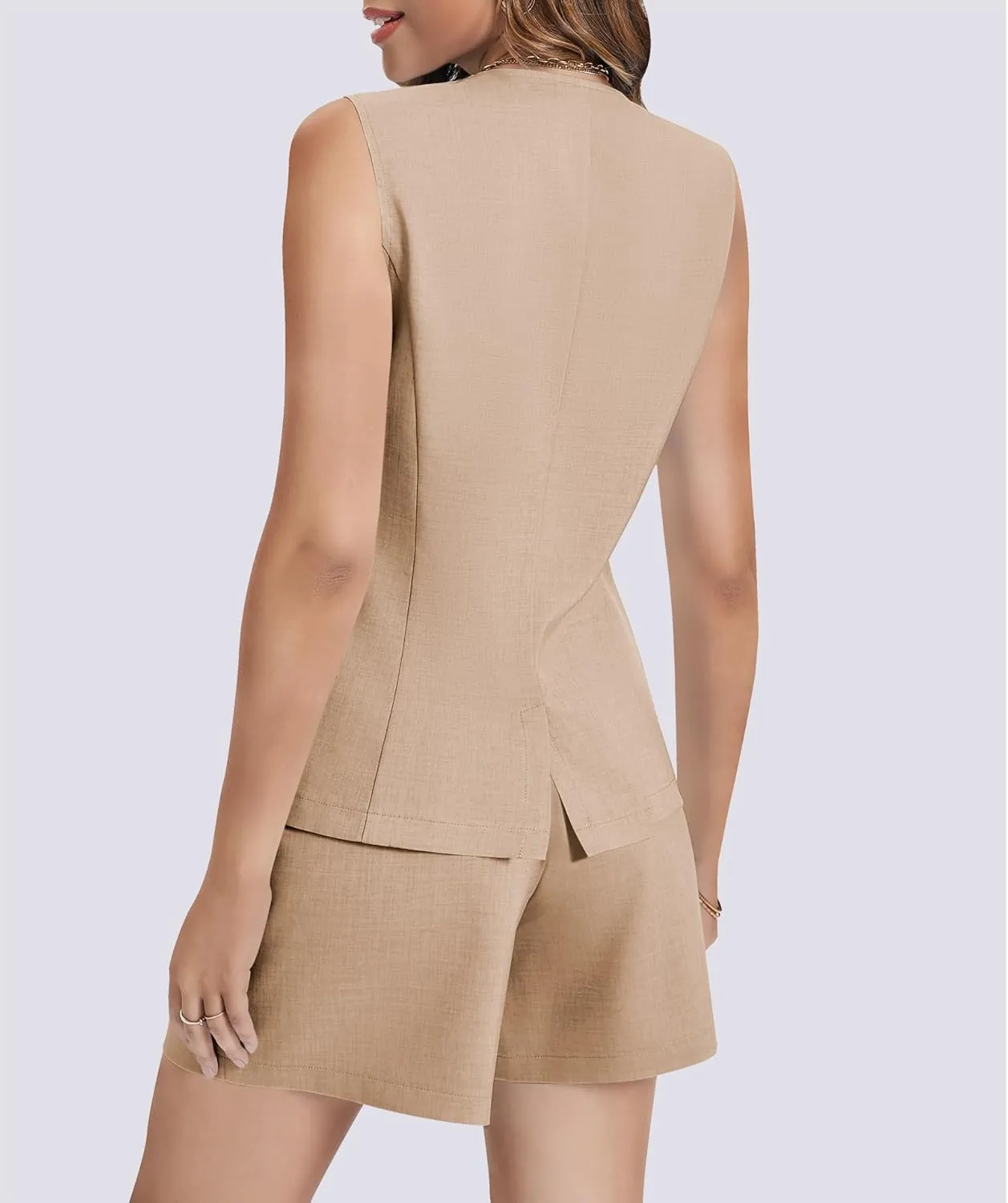 Women's Summer 2 Piece Outfits Sleeveless Round Neck Button Down High Waisted Pants Business Work Sets