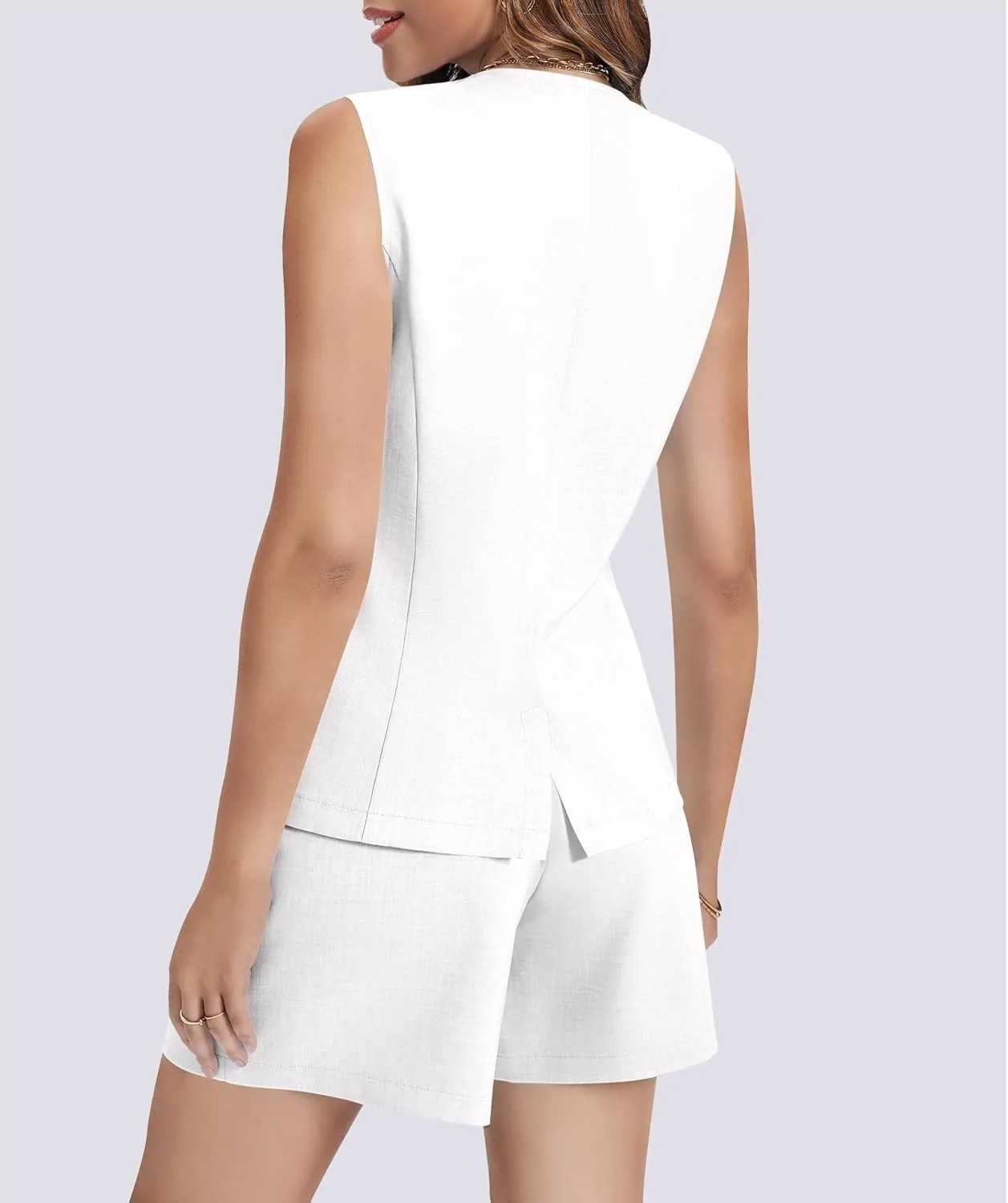 Women's Summer 2 Piece Outfits Sleeveless Round Neck Button Down High Waisted Pants Business Work Sets