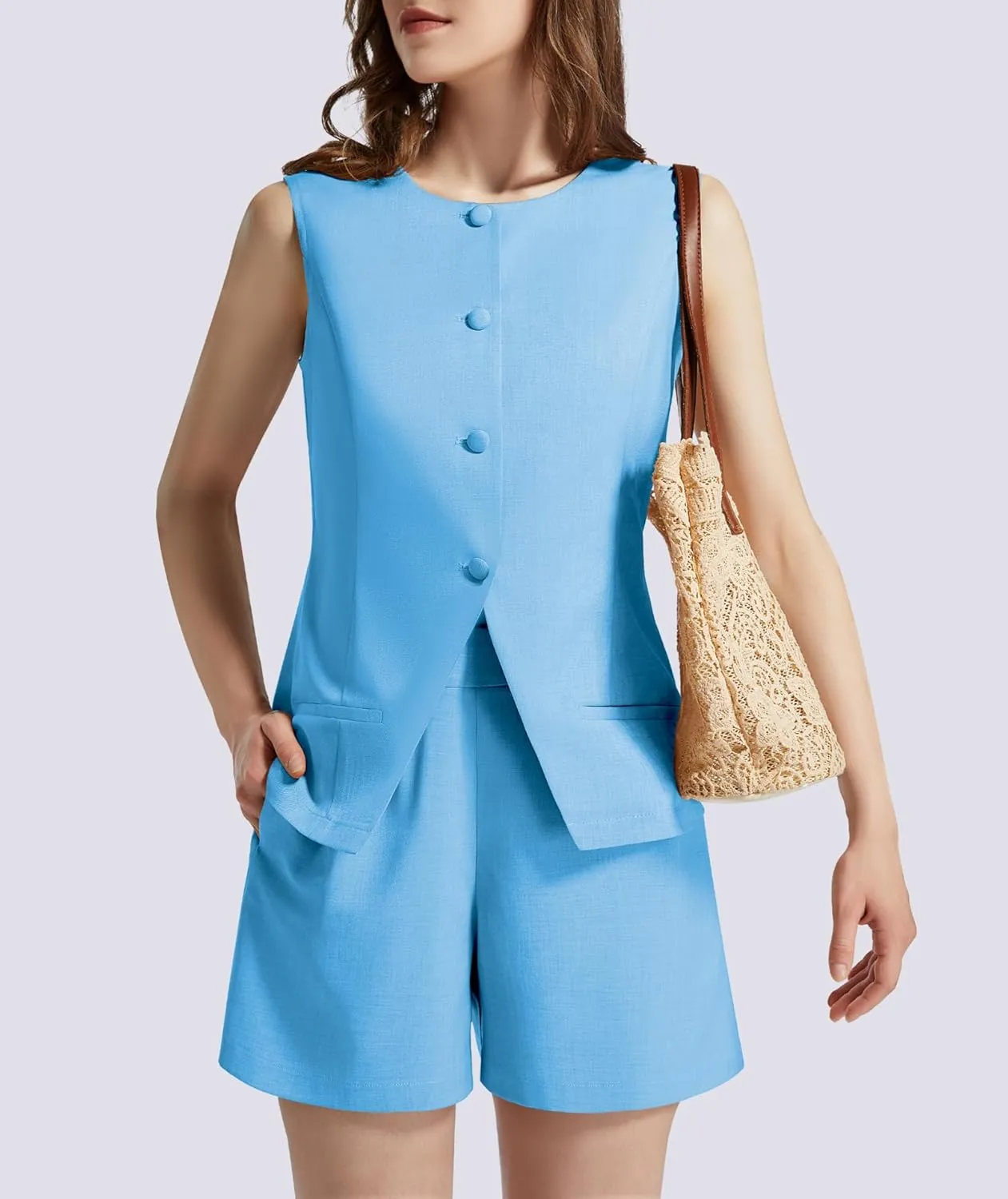 Women's Summer 2 Piece Outfits Sleeveless Round Neck Button Down High Waisted Pants Business Work Sets