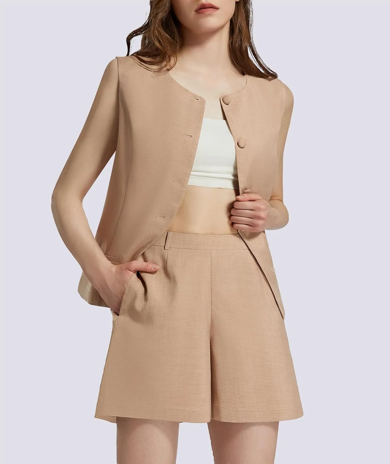 Women's Summer 2 Piece Outfits Sleeveless Round Neck Button Down High Waisted Pants Business Work Sets