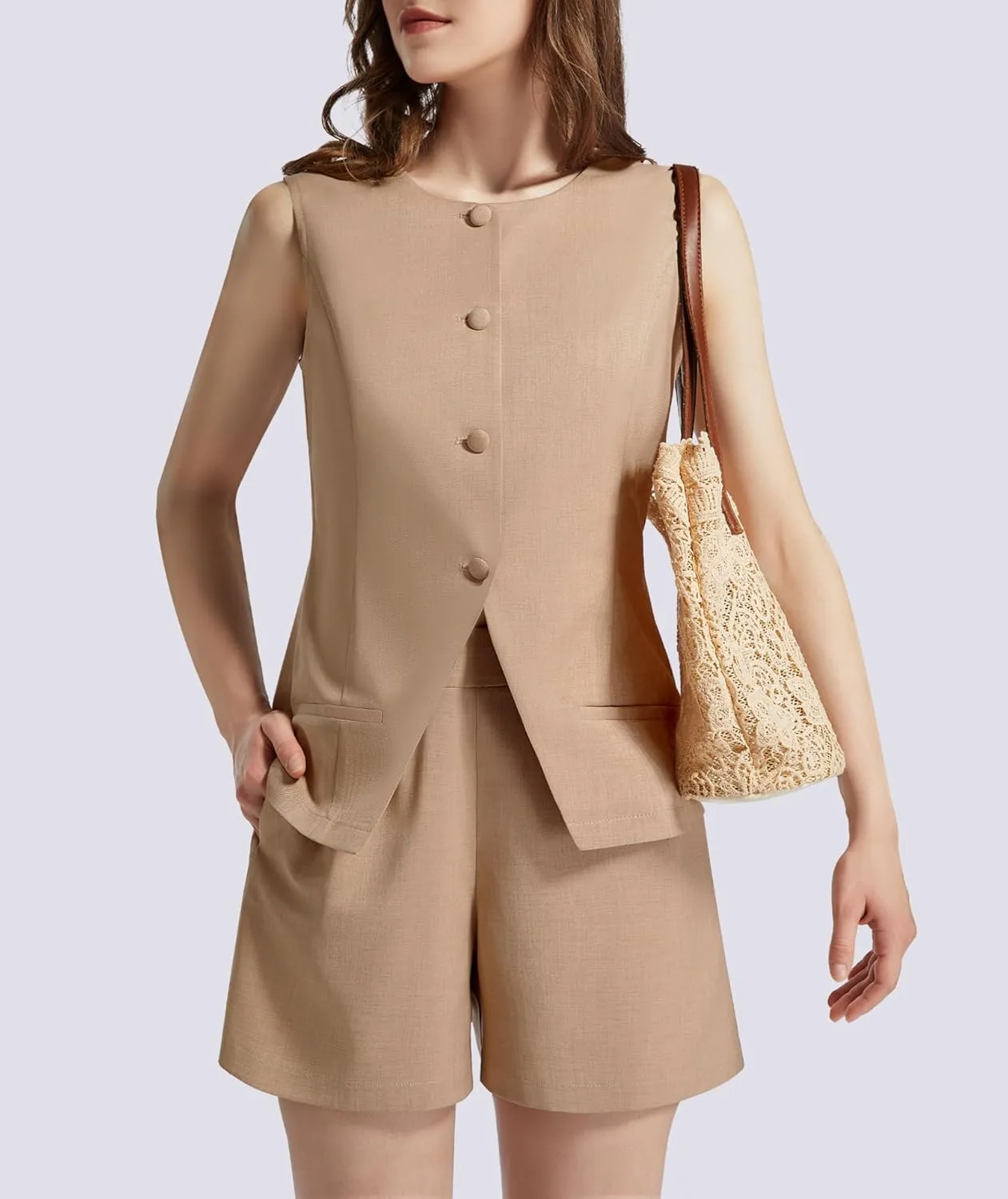 Women's Summer 2 Piece Outfits Sleeveless Round Neck Button Down High Waisted Pants Business Work Sets
