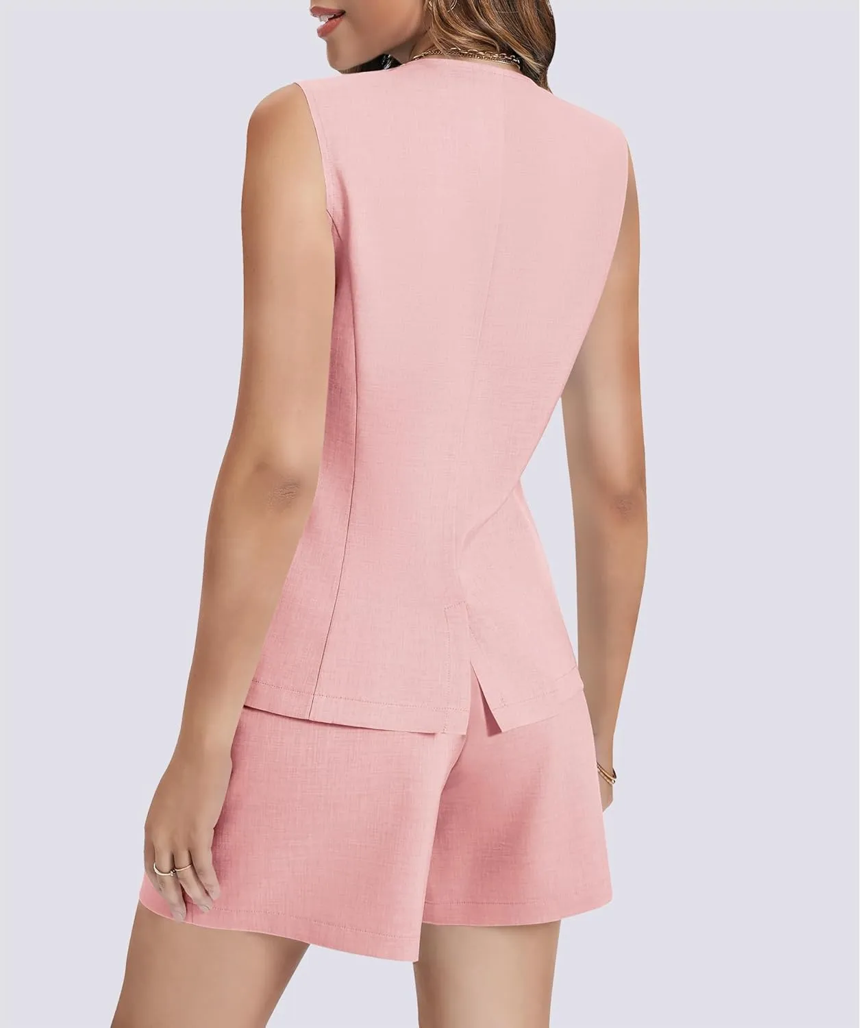 Women's Summer 2 Piece Outfits Sleeveless Round Neck Button Down High Waisted Pants Business Work Sets