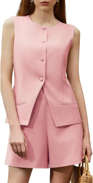 Women's Summer 2 Piece Outfits Sleeveless Round Neck Button Down High Waisted Pants Business Work Sets