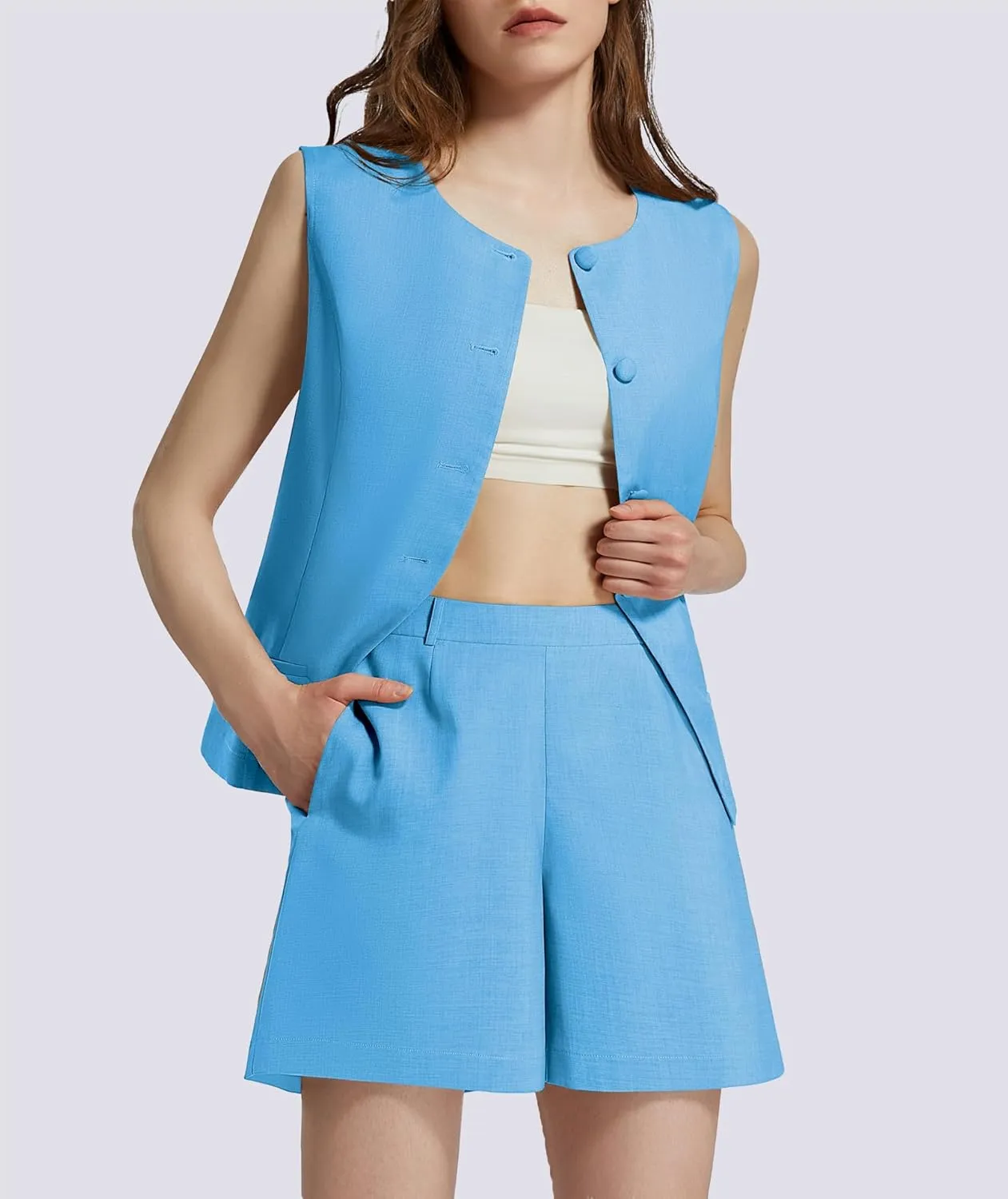 Women's Summer 2 Piece Outfits Sleeveless Round Neck Button Down High Waisted Pants Business Work Sets