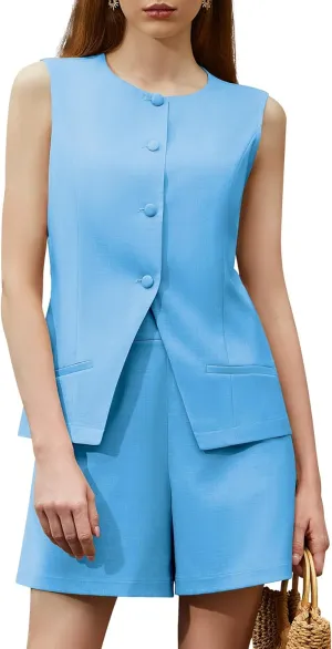 Women's Summer 2 Piece Outfits Sleeveless Round Neck Button Down High Waisted Pants Business Work Sets