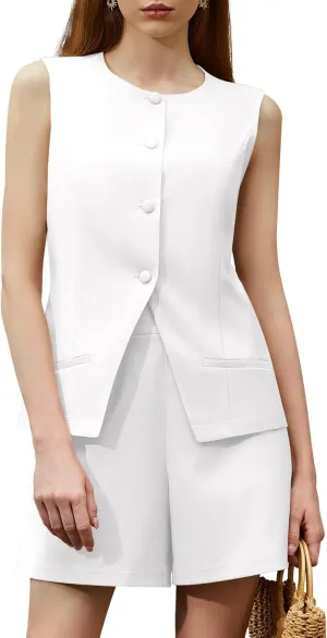 Women's Summer 2 Piece Outfits Sleeveless Round Neck Button Down High Waisted Pants Business Work Sets