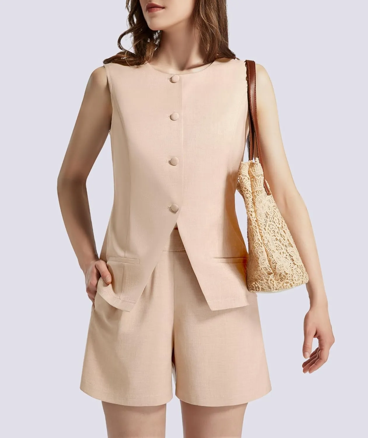 Women's Summer 2 Piece Outfits Sleeveless Round Neck Button Down High Waisted Pants Business Work Sets