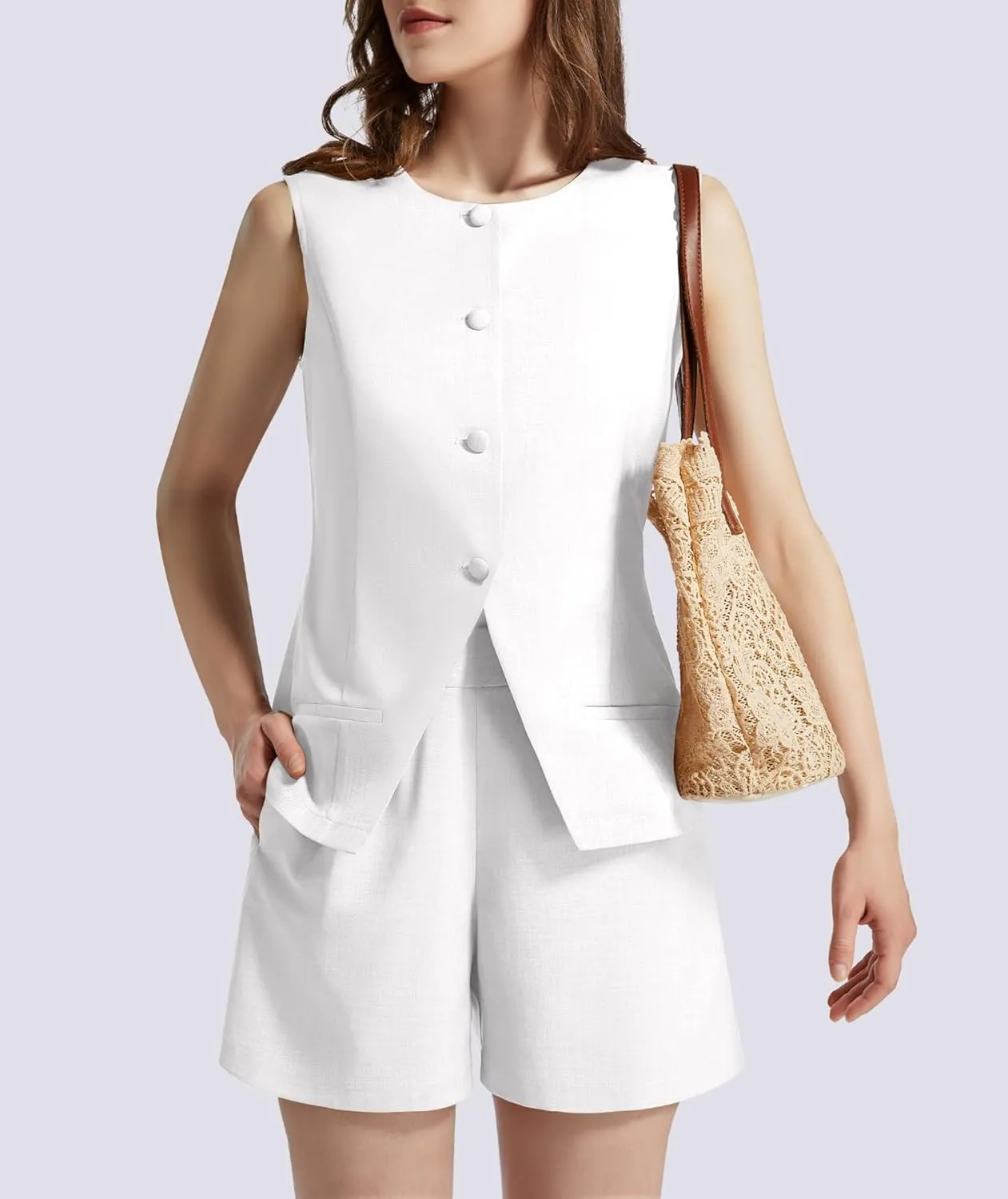 Women's Summer 2 Piece Outfits Sleeveless Round Neck Button Down High Waisted Pants Business Work Sets