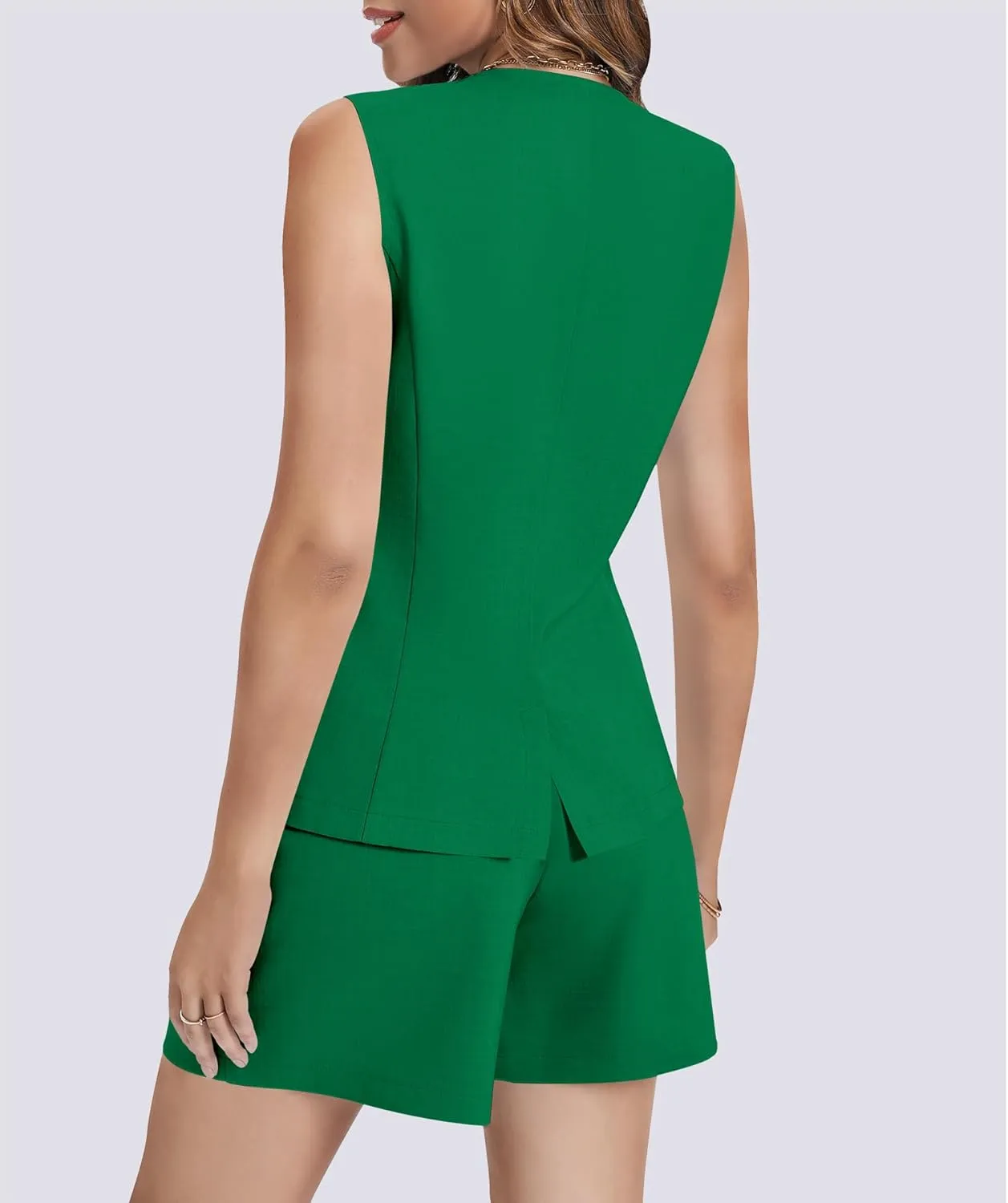 Women's Summer 2 Piece Outfits Sleeveless Round Neck Button Down High Waisted Pants Business Work Sets