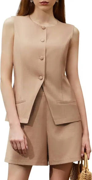 Women's Summer 2 Piece Outfits Sleeveless Round Neck Button Down High Waisted Pants Business Work Sets