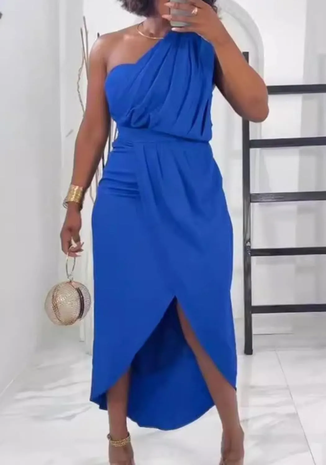 Womens Summer Bodycon Dress Sexy One Shoulder Sleeveless Pleated Wrap Midi Dress Work Cocktail Dress