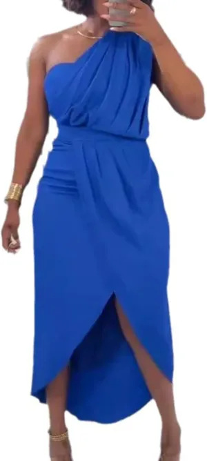 Womens Summer Bodycon Dress Sexy One Shoulder Sleeveless Pleated Wrap Midi Dress Work Cocktail Dress