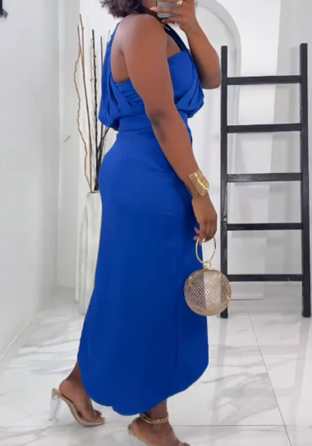 Womens Summer Bodycon Dress Sexy One Shoulder Sleeveless Pleated Wrap Midi Dress Work Cocktail Dress