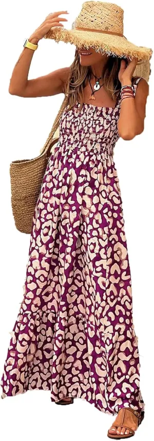 Women's Summer Boho Spaghetti Strap Square Neck Beach Sun Dress Sleeveless Floral Print Maxi Dress