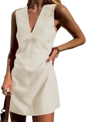 Womens Summer Cotton Linen V Neck Short Dress Sleeveless Mini Dress Casual A Line Tank Sundress